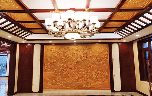 庆城中式别墅客厅中式木作横梁吊顶装饰展示