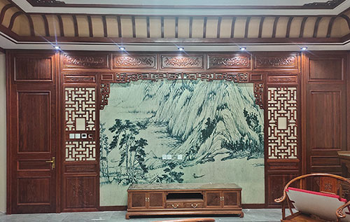 庆城中式仿古别墅客厅背景墙花格木作装饰